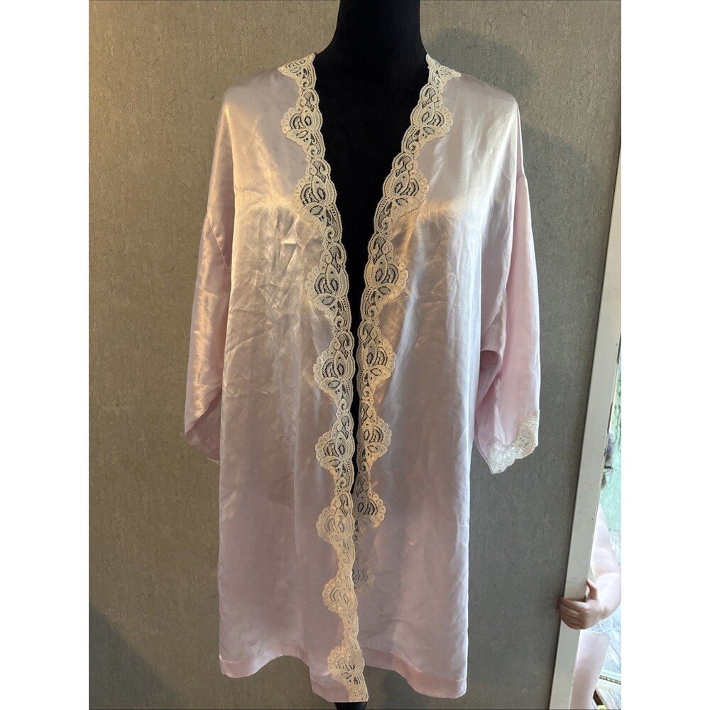 VTG 80s Val Mode Pink Satin Lace Kimono Robe Short Peignoir Coquette Sz S